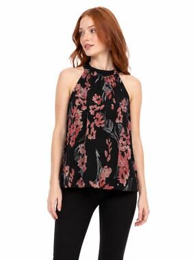 LR4015 A New Day Floral Halter Neck Sleeveless Blouse Black Pink Size Large